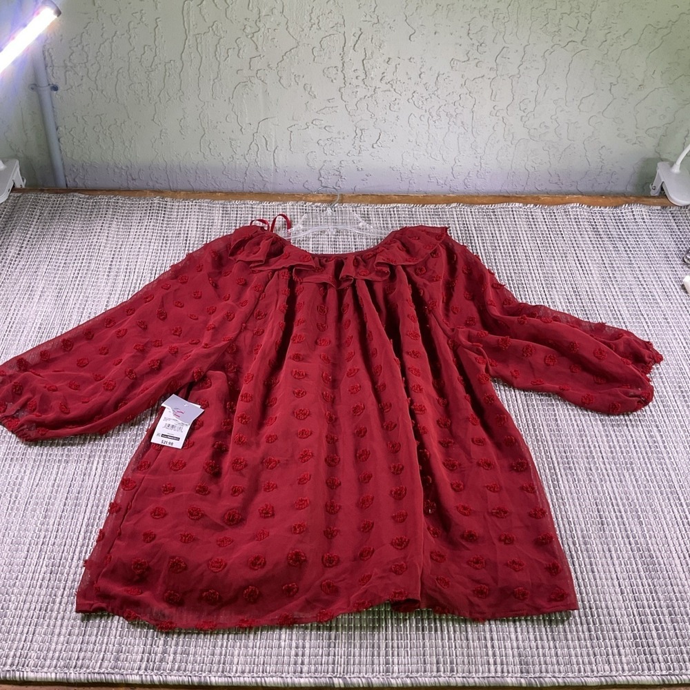 Destination Maternity Red Swiss Dot Ruffle Neck Blouse XL NWT DM021040119B